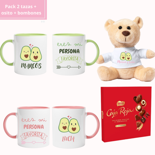 Pack 2  tazas + osito personalizado + bombones - Personalizado Aguacates