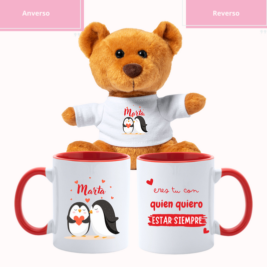 Pack taza + peluche - Pinguinos personalizado