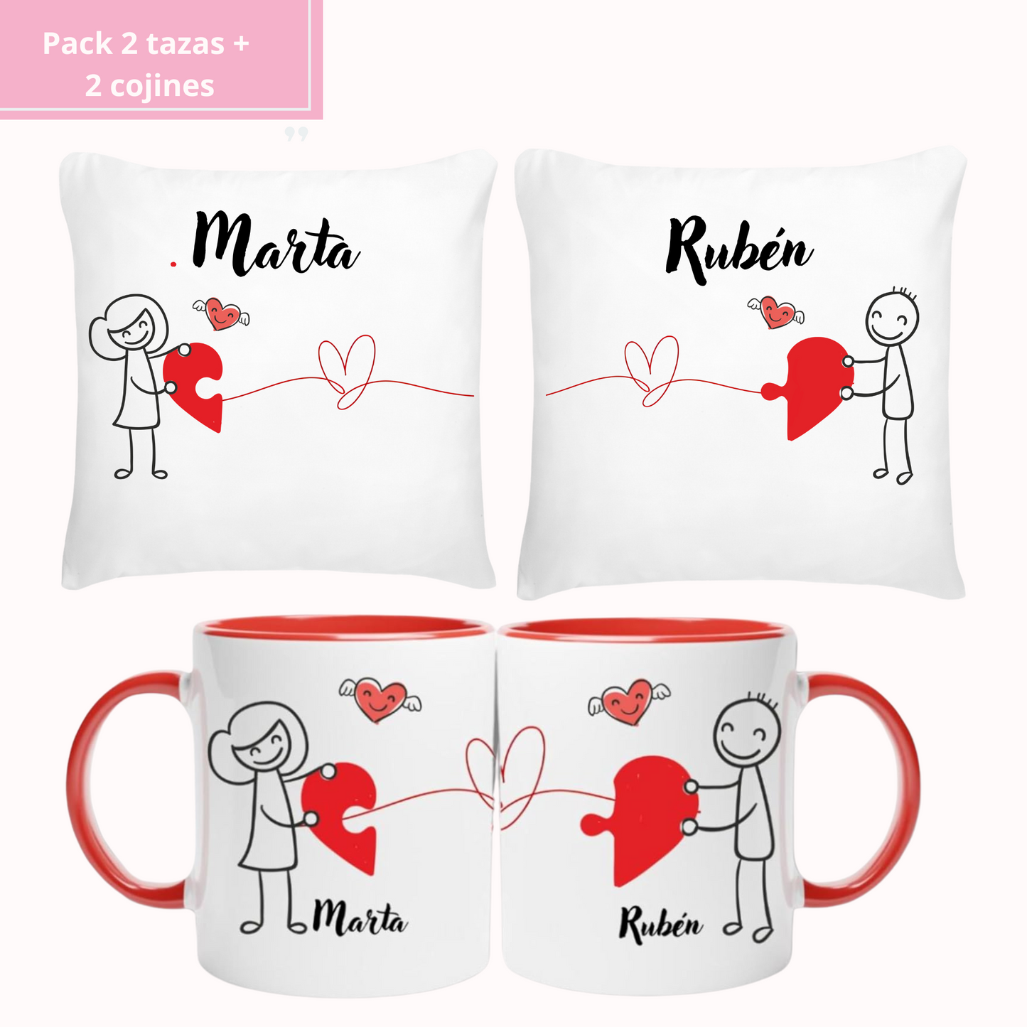 Pack 2 tazas + 2 cojines hilo rojo - Personalizado