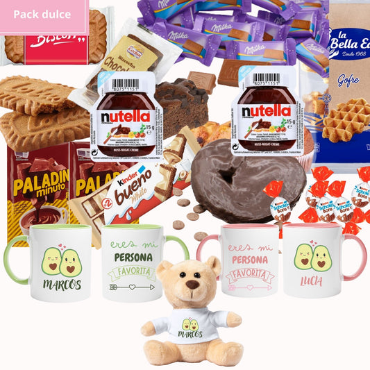 Pack dulce - Chocolates + 2 tazas personalizadas + osito personalizado Aguacates