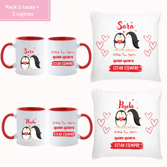 Pack 2 tazas + 2 cojines Pinguinos- Personalizado