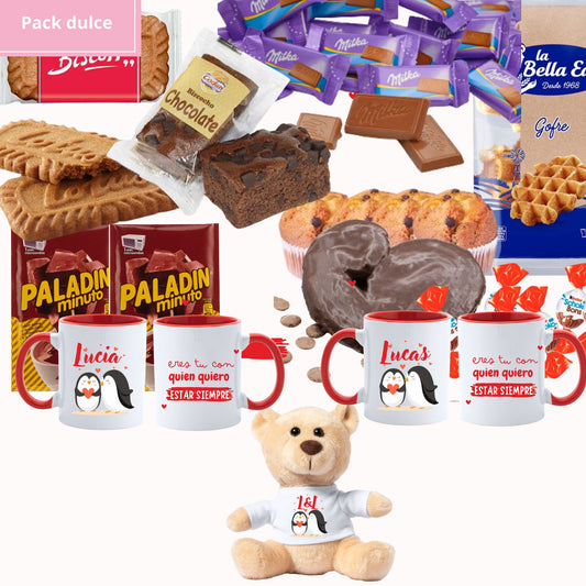Pack dulce - Chocolates + 2 tazas personalizadas + osito personalizado Pinguinos