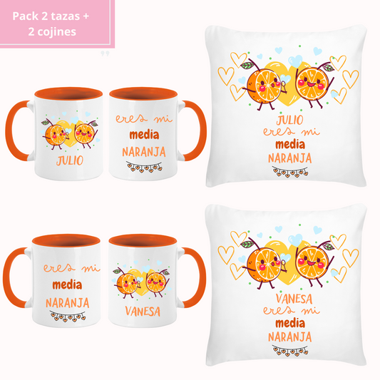 Pack 2 tazas + 2 cojines Naranjas- Personalizado