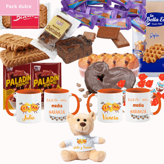 Pack dulce - Chocolates + 2 tazas personalizadas + osito personalizado Media Naranja