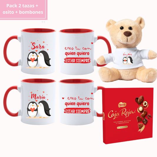 Pack 2  tazas + osito personalizado + bombones - Personalizado Pingüinos