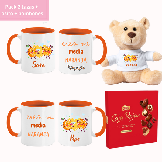 Pack 2  tazas + osito personalizado + bombones - Personalizado Media Naranja