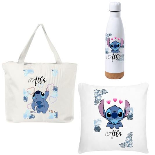 Pack Cojin+ Botella + Bolso con neceser - Personalizado con personaje y nombre